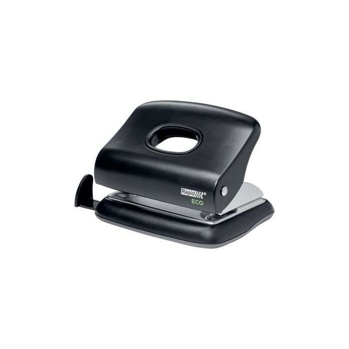 Rapid Eco Taladro Perforador - Perfora hasta 20 Hojas - Facil Vaciado - Punzones 5.5mm - Fabricado con un 74% de Plastico Reciclado Postconsumo - Color Negro