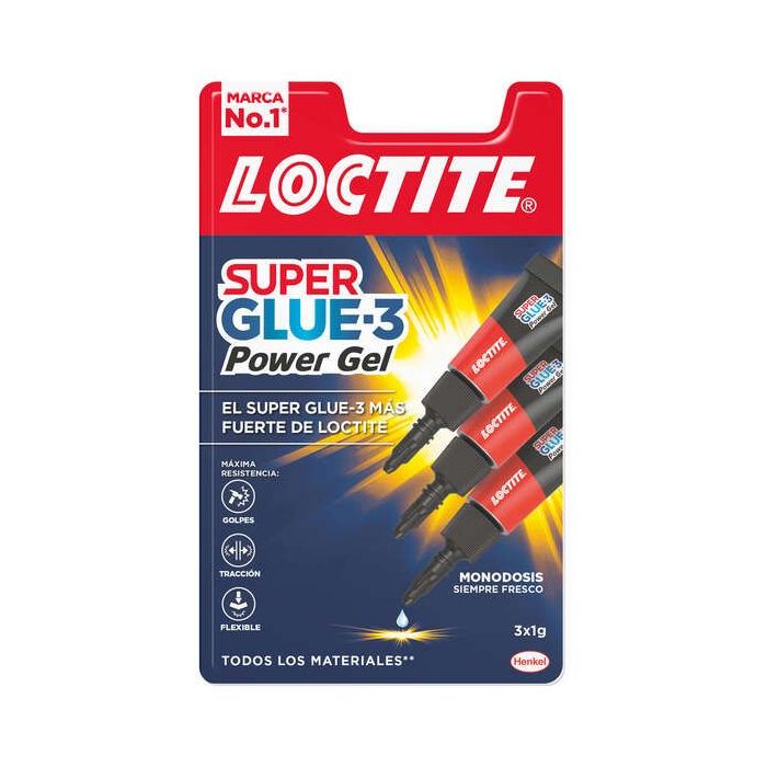 Loctite Superglue-3 Monodosis Power Gel 3x1g - Adhesivo Instantaneo Flexible y Extrafuerte - Formula en Gel Enriquecida con Particulas de Caucho - Resistente a Golpes. Torsiones y Vibraciones - Multimaterial