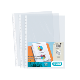Elba Pack de 10 Fundas Multitaladro PP 70 Micras - Tamaño Folio - Acabado Cristal - Transparente