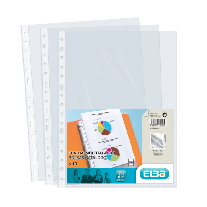 Elba Pack de 10 Fundas Multitaladro PP 70 Micras - Tamaño Folio - Acabado Cristal - Transparente