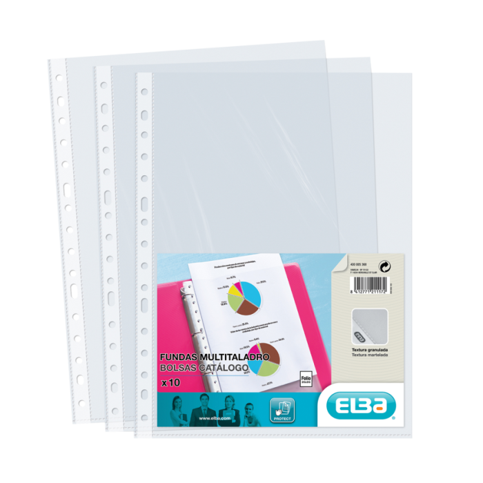 Elba Pack de 10 Fundas Multitaladro PP 90 Micras - Tamaño Folio - Acabado Piel Naranja - Transparente