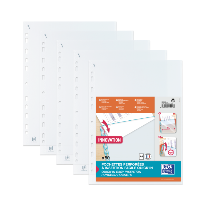 Oxford Quick'In A4 Fundas Multitaladro - Polipropileno Estandar - Cristal 50m - Facil Insercion - Proteccion Duradera