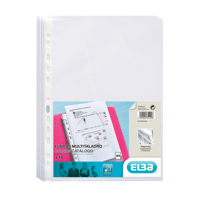 Elba Pack de 10 Fundas Multitaladro PP 70 Micras - Tamaño A4 - Acabado Cristal - Transparente