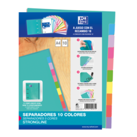 Oxford Strongline A4 Separadores - 10 Posiciones de Diferentes Colores - 4 Taladros - Cartulina 200gr