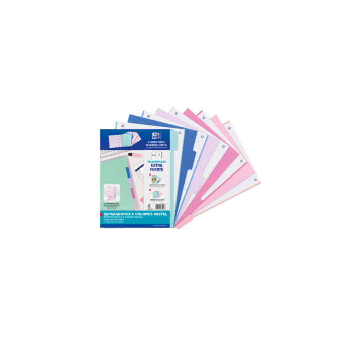 Oxford Strongline A4 Separadores 5 Posiciones - Plastico Opaco Resistente - 4 Taladros para Facil Colocacion - Grosor de 500 Micras - Tamaño Estandar A4 - Colores Surtidos