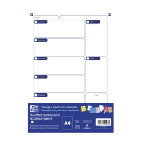 Oxford Recambio Planificador A4 30 Hojas - No Fechado - Ideal para Organizar tus Tareas Diarias - Compatible con la Mayoria de los Planificadores A4