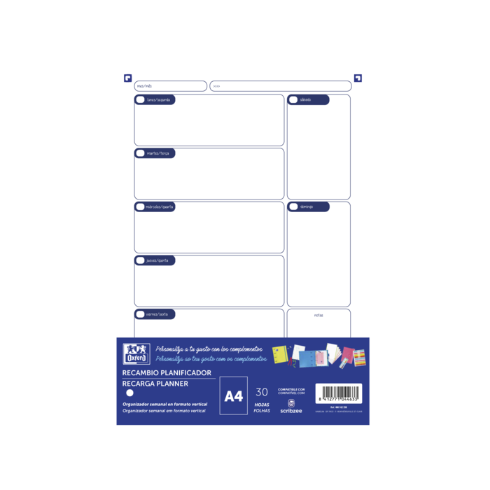 Oxford Recambio Planificador A4 30 Hojas - No Fechado - Ideal para Organizar tus Tareas Diarias - Compatible con la Mayoria de los Planificadores A4