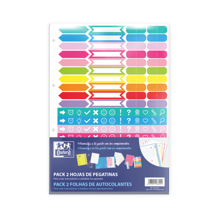 Oxford Pack de 2 Hojas de Stickers - Diseño Variado - Adhesivo de Alta Calidad - Ideal para Decorar Cuadernos