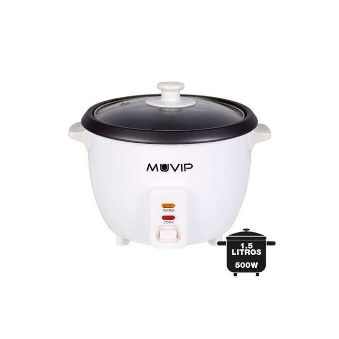 Muvip Arrocera - Capacidad 1.5 Litros - Potencia 500W - Sistema de Coccion y Calentamiento - Recipiente Interior de Aluminio Antiadherente - Tapa de Cristal - Color Blanco