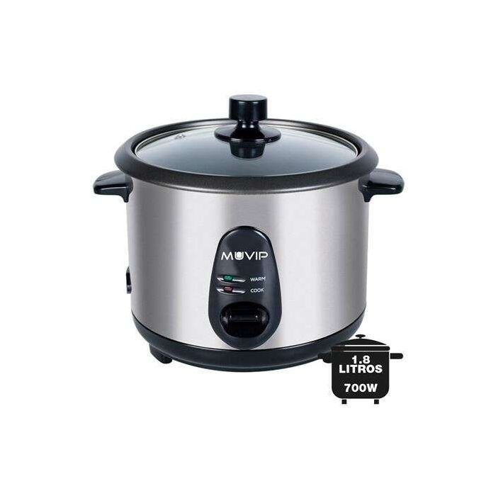 Muvip Arrocera - Capacidad 1.8 Litros - Potencia 700W - Cuerpo de Acero Inoxidable - Recipiente Antiadherente - Tapa de Cristal - Accesorios Incluidos - Color Gris