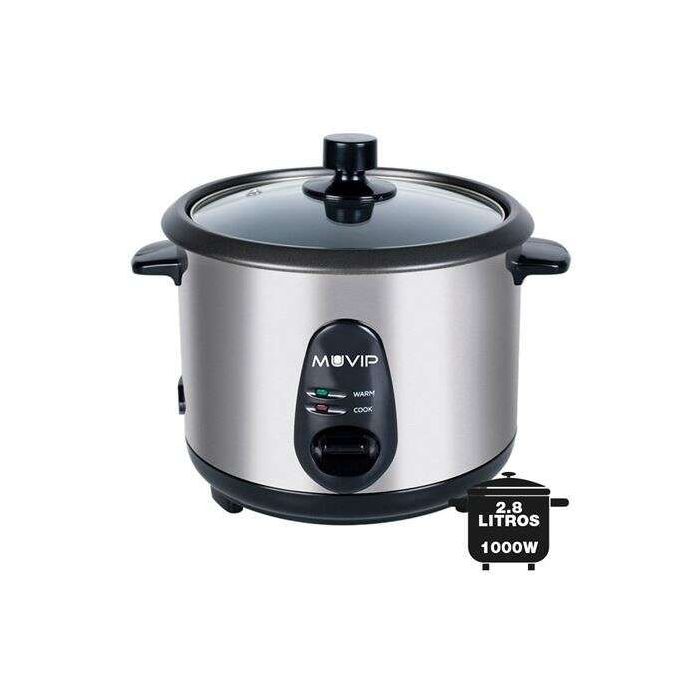 Muvip Arrocera - Capacidad 2.8 Litros - Potencia 1000W - Cuerpo de Acero Inoxidable - Recipiente Antiadherente - Tapa de Cristal - Accesorios Incluidos - Color Gris