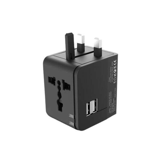 XO Adaptador de Viaje Universal - Voltaje 110V-240V - 2 Puertos USB 2.1Amp - Conexiones para UK, EU, AU, US - Color Negro