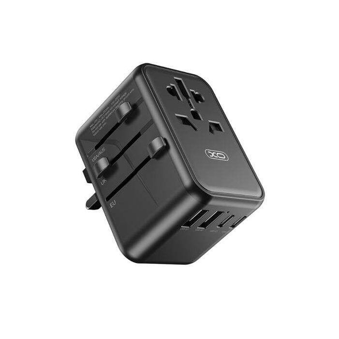 XO Adaptador de Viaje Universal - Conexiones para mas de 150 Paises - Salida de hasta 2500W - Puerto USB-C de 65W - Salida de Cinco Puertos - Color Negro