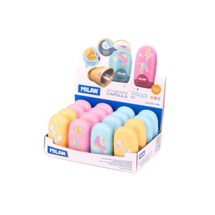 Milan Capsule Roller Expositor de 16 Afilaborras Capsule con Goma de Borrar - Cuchilla de Seguridad - Colores Azul, Rosa y Amarillo