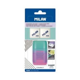 Milan Compact Sunset Afilaborra Compact con 2 Gomas de Borrar - Sacapuntas Doble - Cuchilla de Seguridad - Color Turquesa/Violeta/Rosa