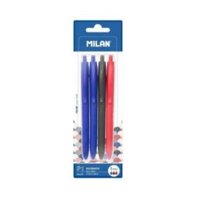 Milan P1 Touch Pack de 4 Boligrafos de Bola Retractiles - Punta Redonda 1mm - Tinta con Base de Aceite - Escritura Suave - 1.200m de Escritura - Color Azul x2, Negro y Rojo