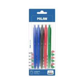 Milan P1 Touch Pack de 5 Boligrafos de Bola Retractiles - Punta Redonda 1mm - Tinta con Base de Aceite - Escritura Suave - 1.200m de Escritura - Color Azul x2, Negro, Rojo y Verde