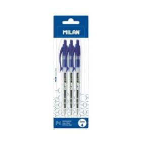 Milan P1 Pack de 3 Boligrafos de Bola Retractiles - Punta Redonda 1mm - Cuerpo Transparente - Color Azul