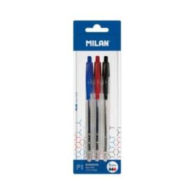 Milan P1 Pack de 3 Boligrafos de Bola Retractiles - Punta Redonda 1mm - Cuerpo Transparente - Color Azul, Negro y Rojo