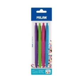 Milan P1 Touch Colours Pack de 4 Boligrafos de Bola Retractiles - Punta Redonda 1mm - Tinta con Base de Aceite - Escritura Suave - 1.200m de Escritura - Color Azul Claro, Verde Claro, Lila y Rosa