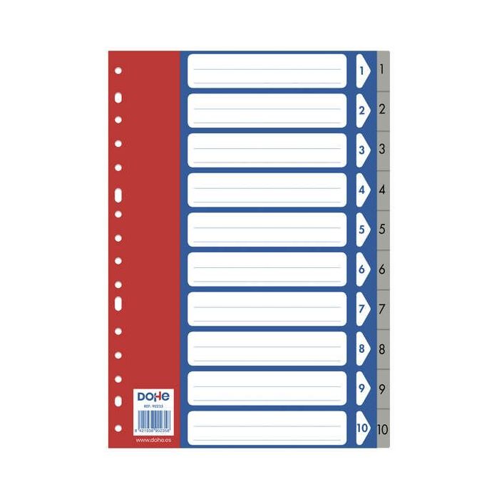 Dohe Pack de 10 Separadores Formato Folio - Multitaladro de 16 Perforaciones - Fabricado en Propileno 120 Micras - Color Gris