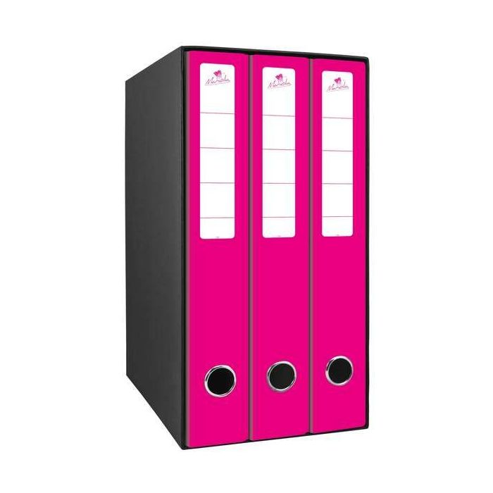 Mariola Box Modulo de 3 Archivadores con Rado 2 Anillas 40mm - Tamaño 35x26x17cm - Carton Forrado - Color Fucsia