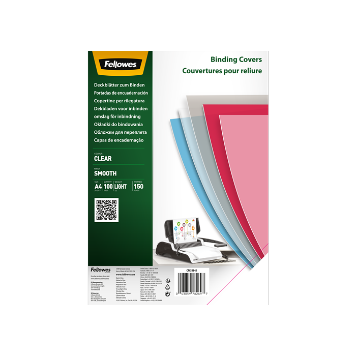 Fellowes Pack de 100 Portadas de Polietileno Transparentes para Documentos A4 - Grosor 150 Micras - Utilizables en Encuadernadoras de Espiral o Canutillo