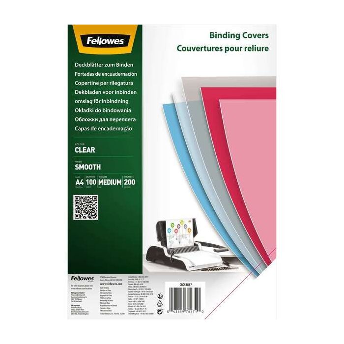 Fellowes Pack de 100 Portadas de Polietileno Transparentes para Documentos A4 - Grosor 200 Micras - para Encuadernadoras de Espiral o Canutillo
