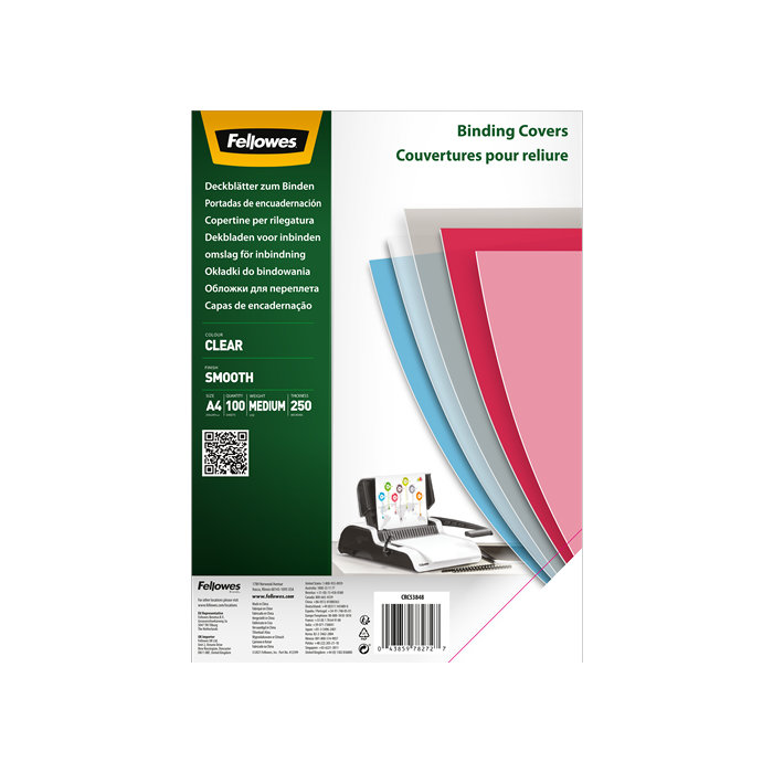 Fellowes Pack de 100 Portadas de Polietileno Transparentes para Documentos A4 - Grosor de 250 Micras - Ideal para Encuadernadoras de Espiral o Canutillo