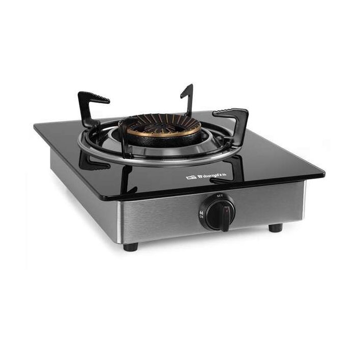 Orbegozo FO 1720 Hornillo a Gas Elegante y Seguro - Encendido Piezoelectrico - Quemador de Triple Corona - Sistema de Seguridad FFD - Cuerpo de Acero Inoxidable - Superficie de Cristal Templado