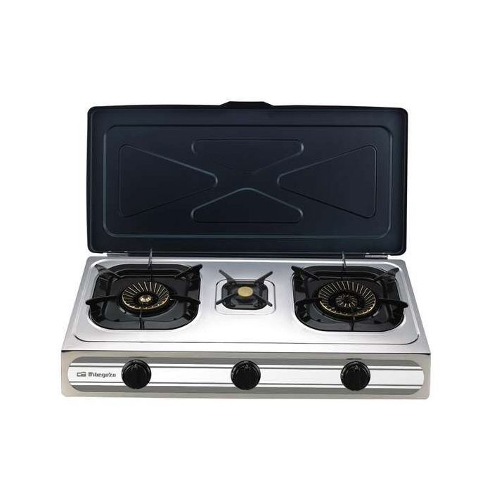 Orbegozo FO 3500 - Hornillo a Gas Compacto y Eficiente - Encendido Piezoelectrico - 3 Quemadores - Cuerpo Inox - Ideal para Exteriores