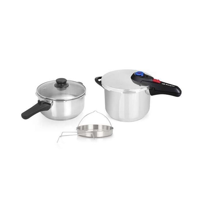 Orbegozo HP 4566 Olla Rapida de Acero Inoxidable - Dos Ollas con Sistema de Seguridad - Fondo Termo Difusor - Selector Gradual de Presion - Accesorio para Cocinar al Vapor