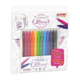 Alpino Color Experience Pack de 12 Rotuladores Dual Artist + Libro Guia de Iniciacion al Lettering - Doble punta (Fina 0,7mm y Pincel de 2,9mm) - Colores Surtidos