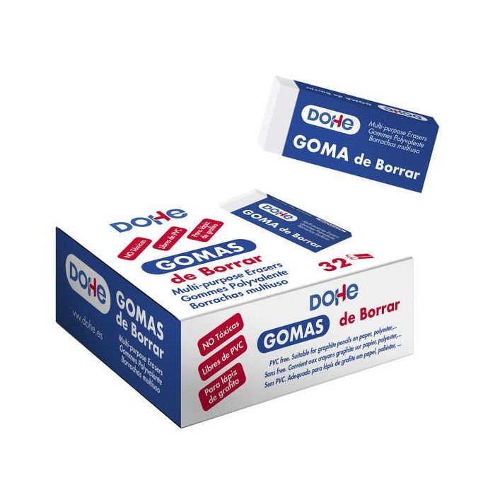 Dohe Expositor de 32 Gomas de Borrar Libres de PVC - 59x23x10mm - Borrado Suave y Eficaz - para Todo Tipo de Lapices - Ideal para Papel y Papel Vegetal