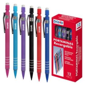 Dohe Portaminas Recargable con Cuerpo de Plastico - Zona Estriada para Agarre - Clip Metalico - Pulsador con Goma de Borrar - Punta de Plastico - para Minas de 0.5mm
