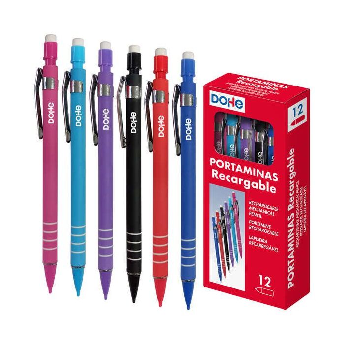 Dohe Portaminas Recargable con Cuerpo de Plastico - Zona Estriada para Agarre - Clip Metalico - Pulsador con Goma de Borrar - Punta de Plastico - para Minas de 0.5mm