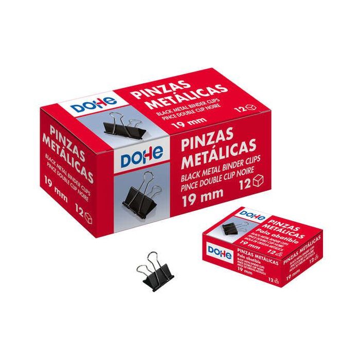 Dohe 12 Pinzas Metalicas Sujetapapeles de Pala Abatible - 50mm - Acero de Gran Resistencia - Color Negro