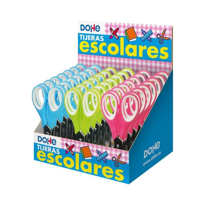 Dohe Expositor de 24 Tijeras Escolares de 125mm - Hojas de Acero Inoxidable - Puntas Redondeadas - Mango Ergonomico de Plastico y Caucho - Colores Surtidos