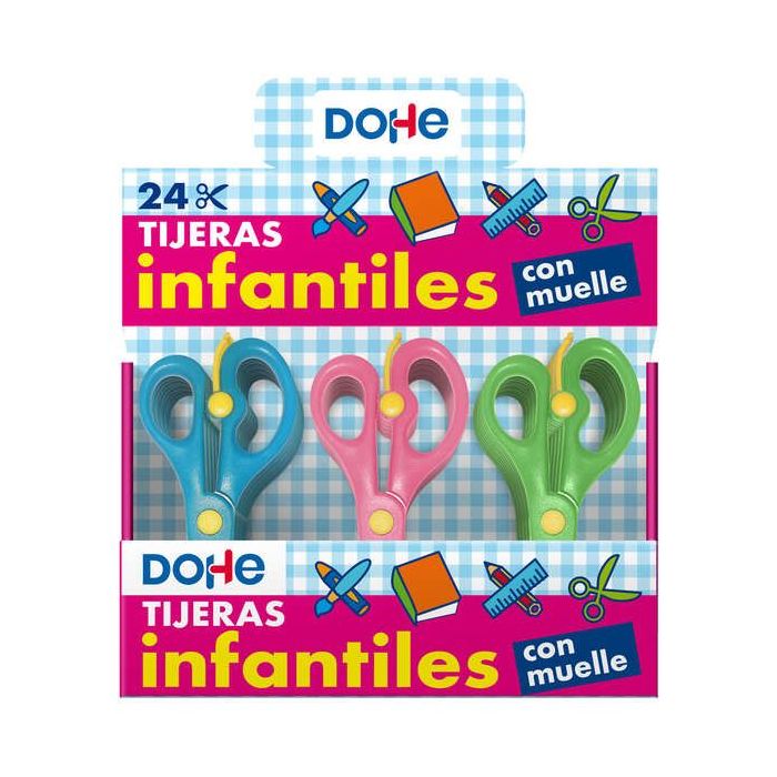 Dohe Expositor de 24 Tijeras Escolares de 136mm - Hojas y Mango Ergonomico de Plastico - Puntas Redondeadas - Muelle para Facilitar el Corte - Colores Surtidos