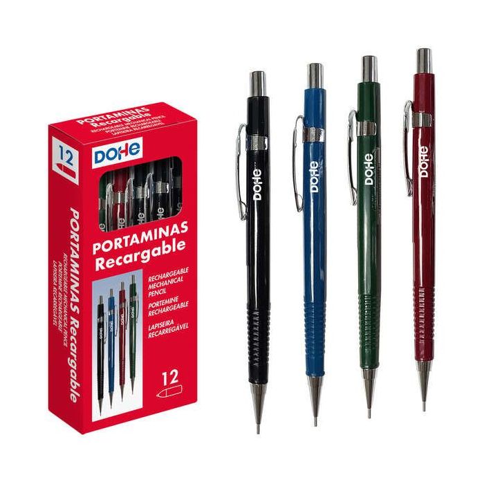 Dohe Portaminas Recargable - Cuerpo de Plastico - Zona Estriada para Agarre - Clip, Pulsador y Punta Metalica - Goma de Borrar - para Minas de 0.5mm