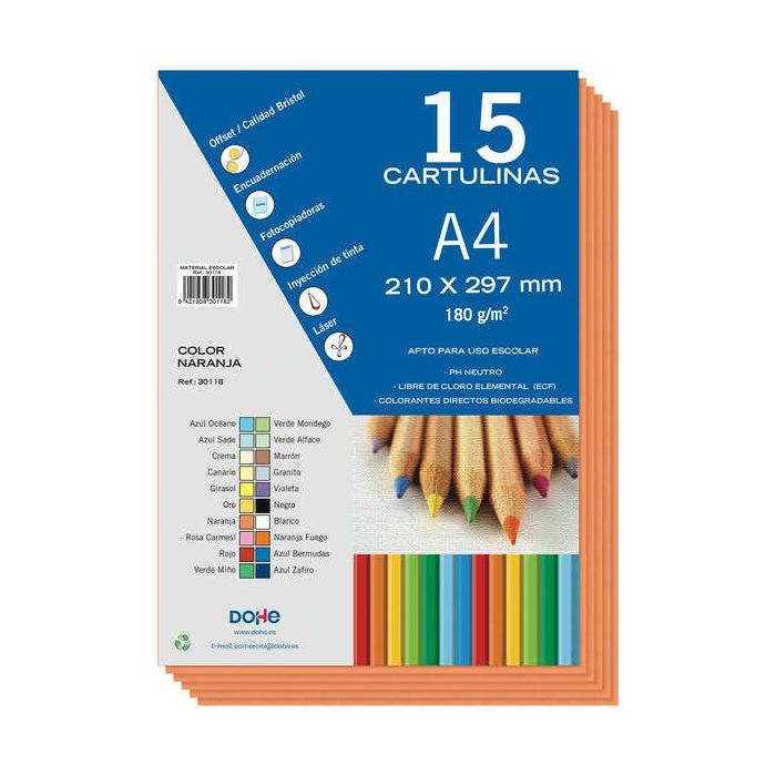 Dohe Paquete de 15 Hojas de Cartulinas A4 - 210x297mm - Gramaje de 180 G/M² - Colores Surtidos