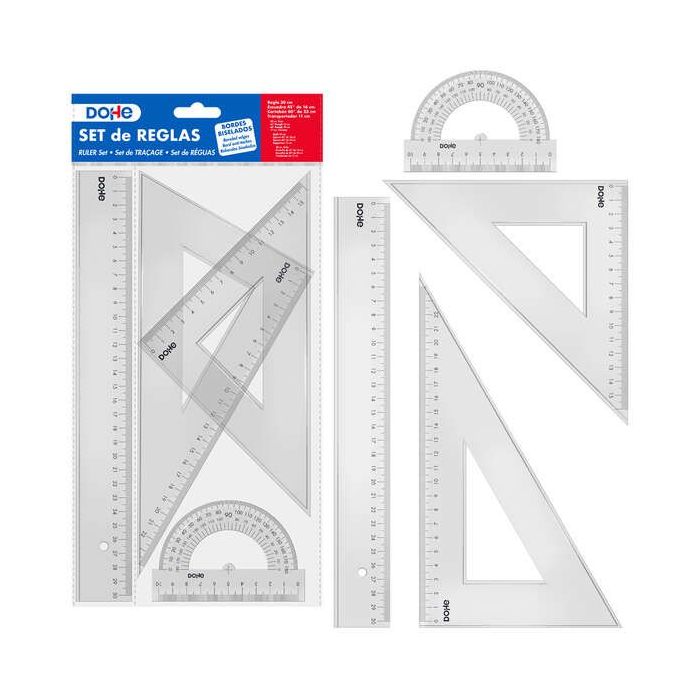 Dohe Set de Reglas - Regla, Escuadra, Cartabon y Transportador - Plastico Inyectado Transparente Cristal - Cantos Biselados y con Reborde
