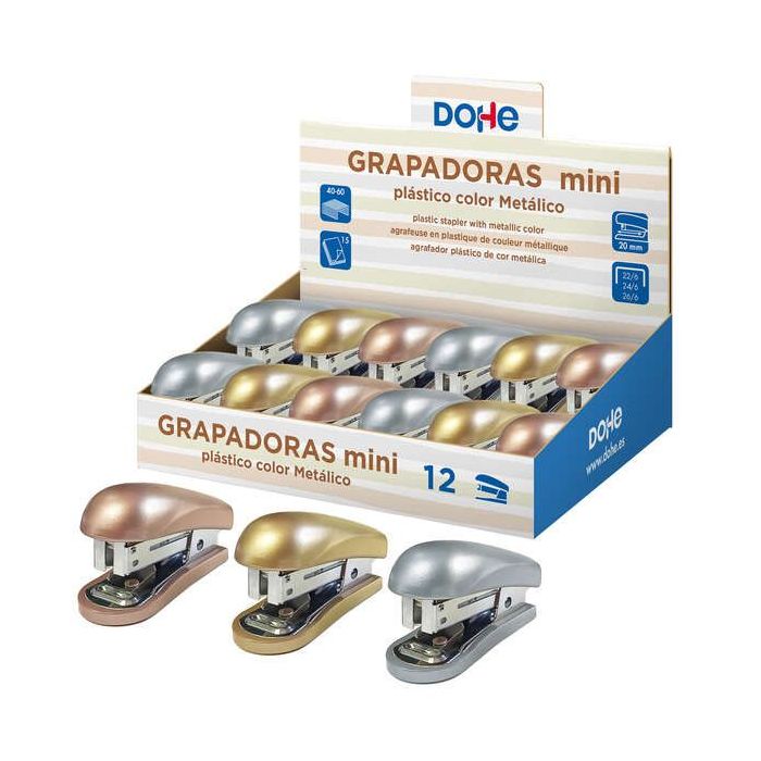 Dohe Expositor de 12 Mini grapadoras de Sobremesa - Materiales Plasticos de Primera Calidad - Capacidad de Grapado hasta 15 Hojas - Admite grapas de 22/6, 24/6 y 26/6