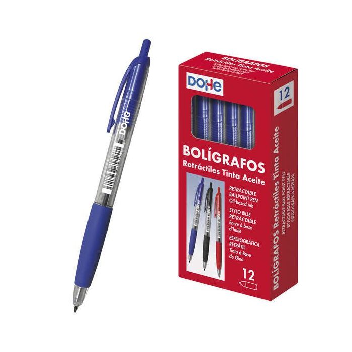 Dohe Boligrafos Retractiles de Tinta a Base de Aceite - Punta Bola de 1mm - Trazo de 0.4mm - Cuerpo Transparente con Grip de Caucho - Caja de 12 Unidades