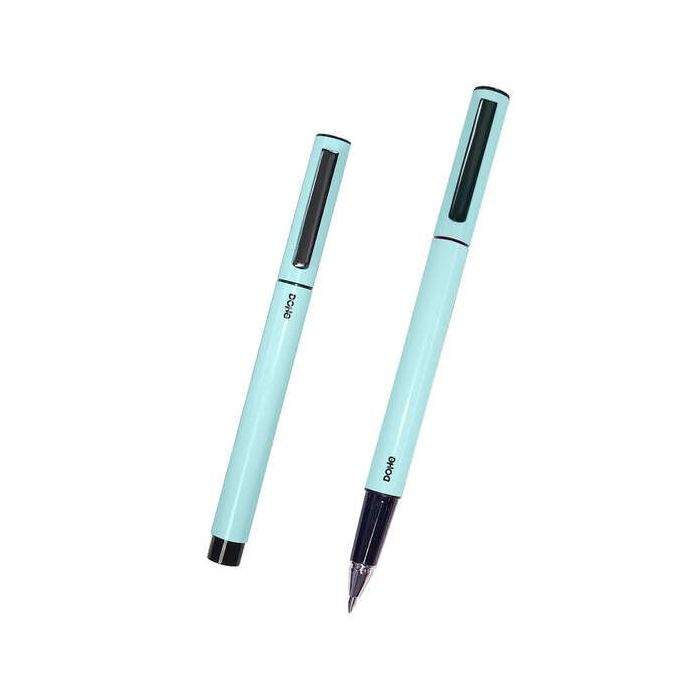 Dohe Boligrafos Elegantes de Aluminio - Cuerpo Ovalado en Verde - Ligeros y Ergonomicos - Capucha con Clip - Tinta Azul