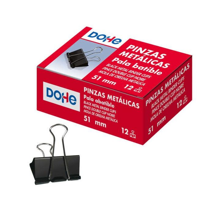 Dohe 12 Pinzas Metalicas Sujetapapeles de Pala Abatible - 50mm - Acero de Gran Resistencia - Color Negro