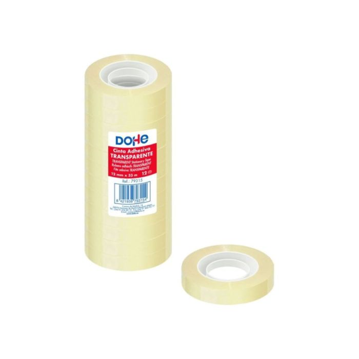 Dohe Pack de 12 Cintas Adhesivas de Polipropileno 12mmx33m - Alta Resistencia y Potente Adhesivo - Transparente