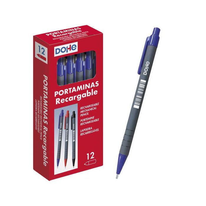 Dohe Portaminas Recargable con Cuerpo de Plastico - para Minas de grafito de 0.5mm - Punta Acolchada Metalica - Clip y Goma de Borrar en Pulsador - Grip Ergonomico
