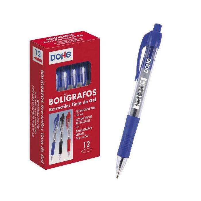 Dohe Boligrafos Retractiles de Tinta de Gel Permanente - Punta Bola de 0.7mm - Trazo de 0.4mm - Resistente al Agua - Cuerpo de Plastico - Grip de Caucho - Caja de 12 Uds