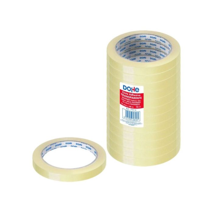 Dohe Pack de 12 Cintas Adhesivas de Polipropileno 12mm x 66m- Alta Resistencia y Potente Adhesivo - Transparente